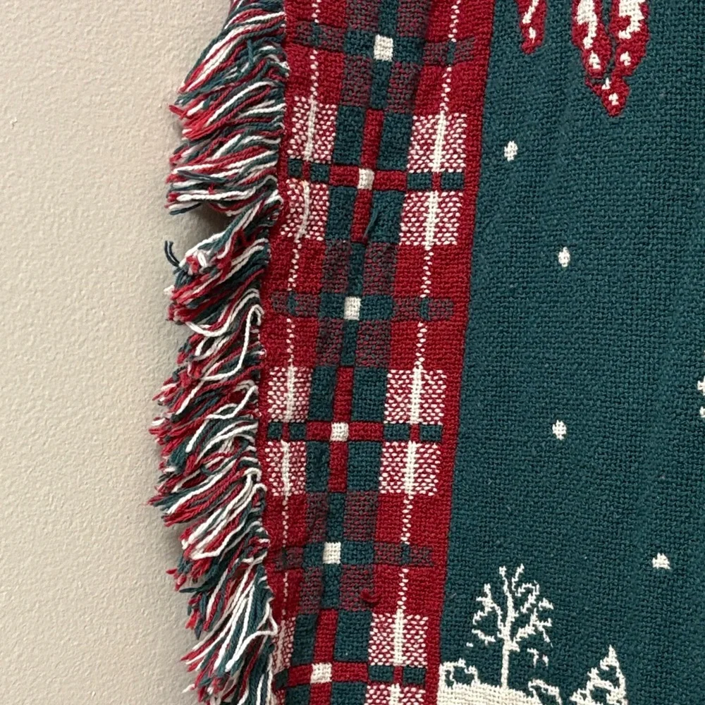Festive Holiday Vintage Tapestry Throw Blanket w Santa and Reindeer Multicolor